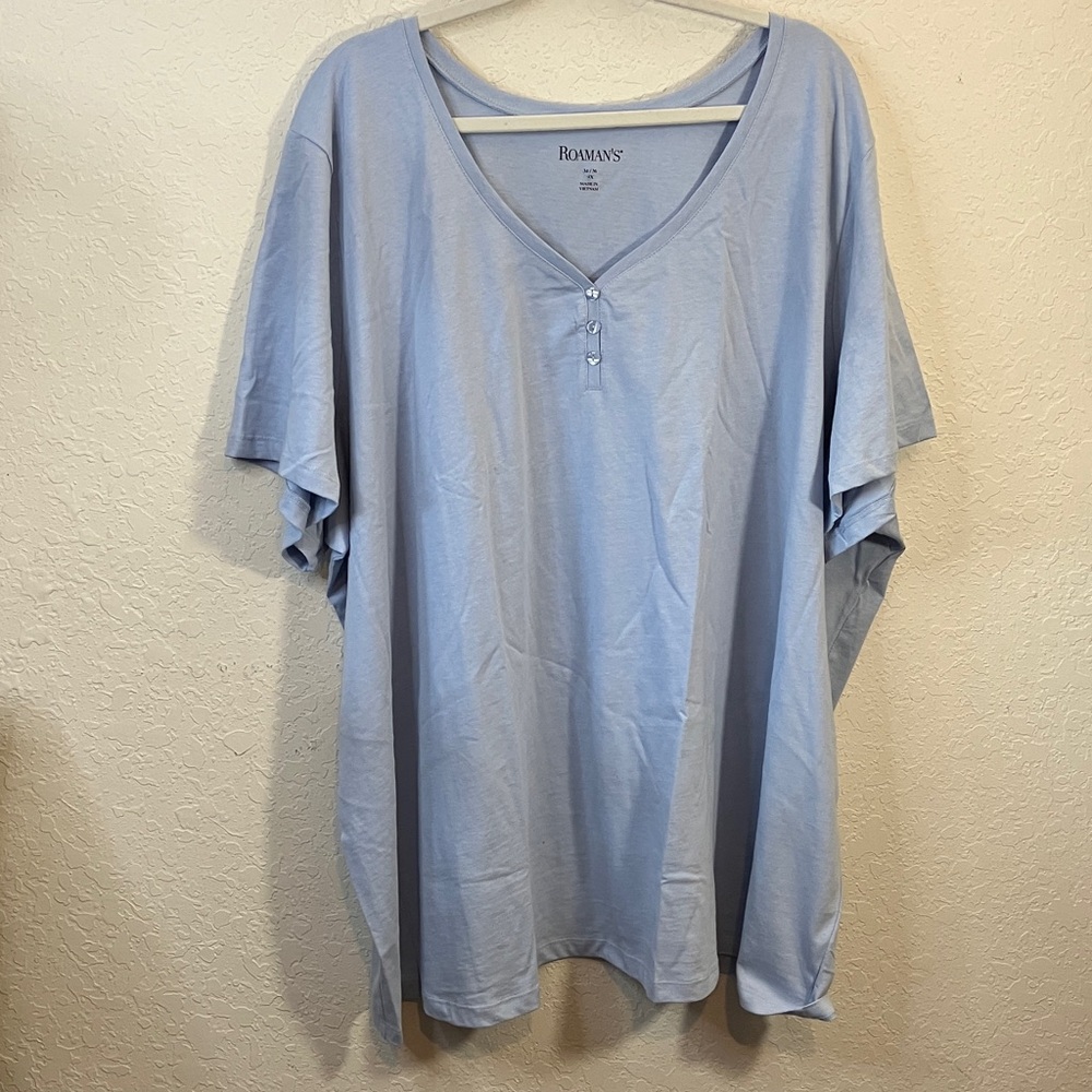 Roaman's Soft Blue V-Neck Top with Buttons